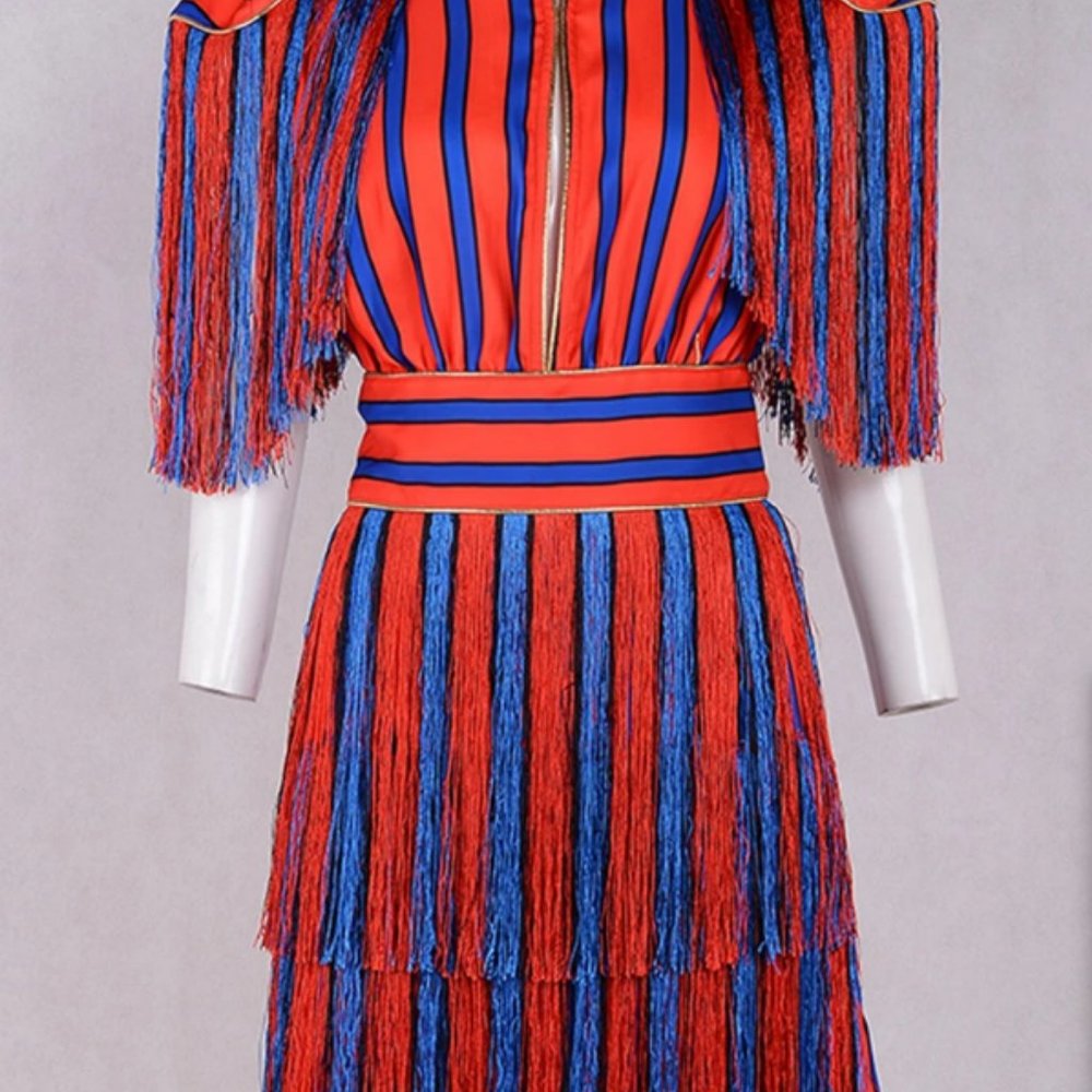 Striped Mini Dress with Fringes - L / Red